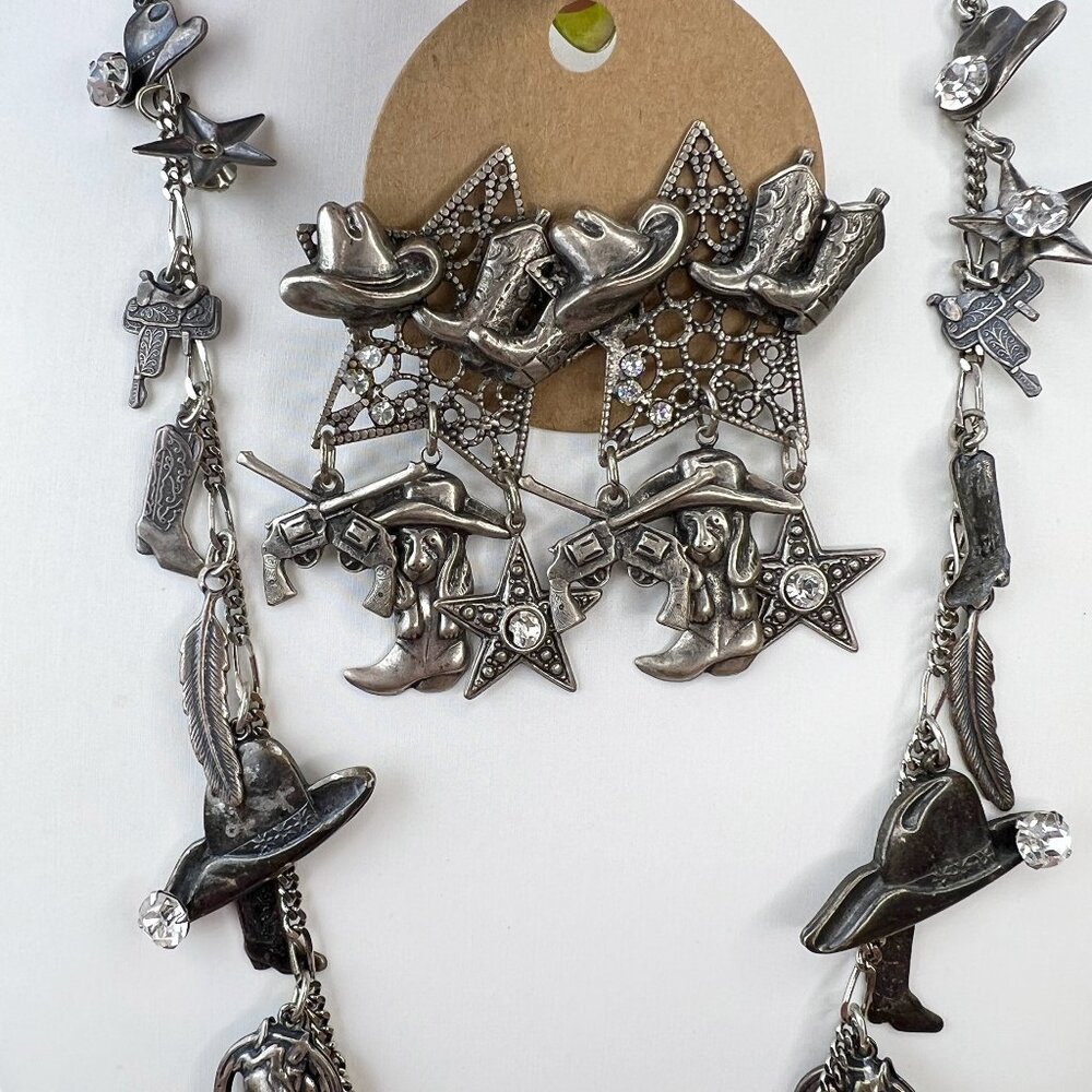 La Contessa Mary DeMarco Western Cowgirl Charm Silver Tone Necklace AND Earrings - Picture 13 of 13
